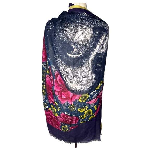 Inouitoosh Scarf Purple Portrait Abstract Fringe Cotton Cashmere Silk Wool - Picture 1 of 8